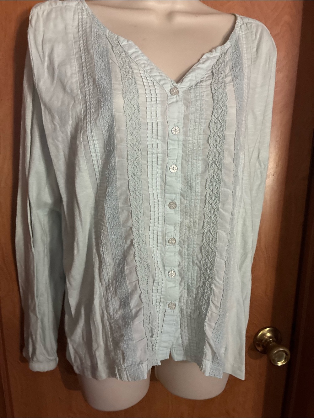 Light Blue Women's Button-Front Lace-Trim Blouse